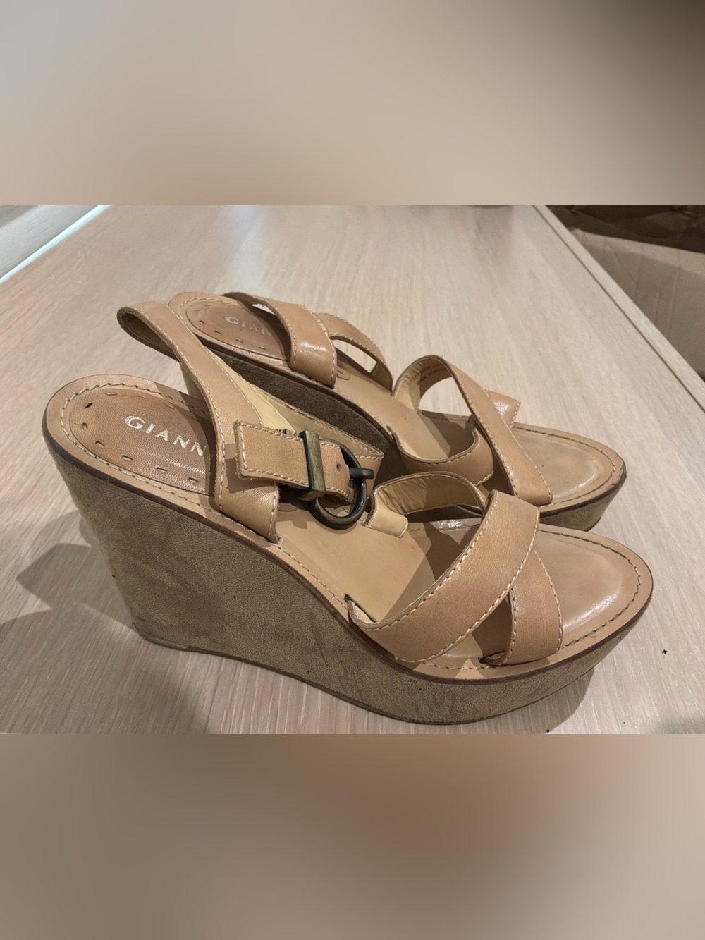 Gianni Bini Neutral Tan Wedge Sandals with Buckle Detail